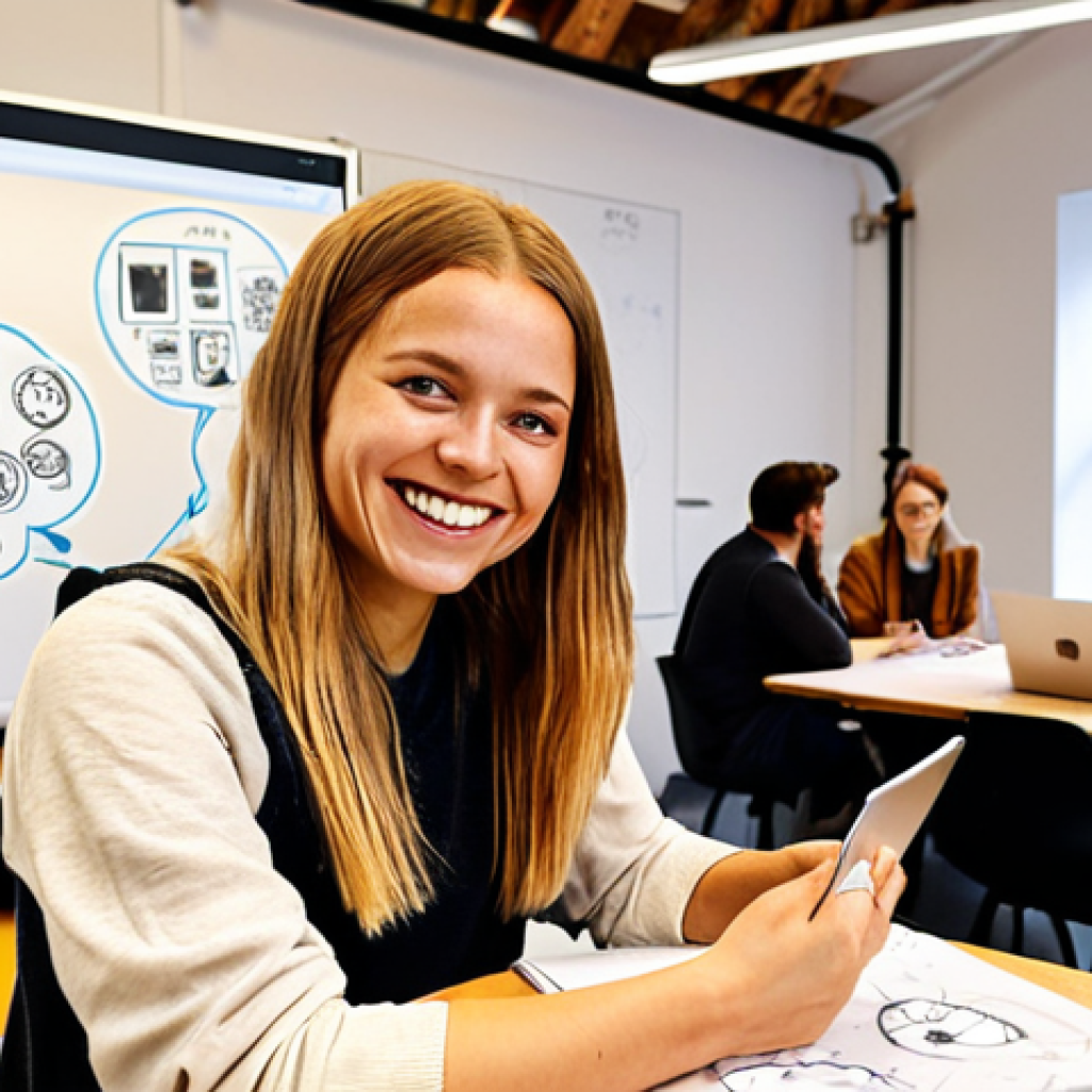 **

A brightly lit co-working space in Stockholm. A young woman is smiling as she video calls on her laptop, surrounded by open notebooks and design sketches. In the background, you can see other people collaborating and brainstorming ideas on whiteboards. The overall impression is creative, modern, and career-focused.

**