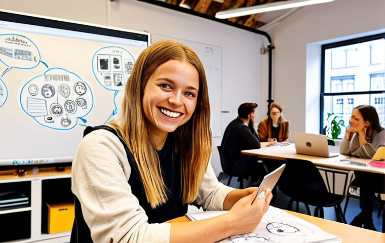 **

A brightly lit co-working space in Stockholm. A young woman is smiling as she video calls on her laptop, surrounded by open notebooks and design sketches. In the background, you can see other people collaborating and brainstorming ideas on whiteboards. The overall impression is creative, modern, and career-focused.

**
