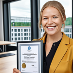 **

Prompt: *Professional woman smiling confidently, holding a PMP certificate, modern office background with team working collaboratively, Sweden.*

**