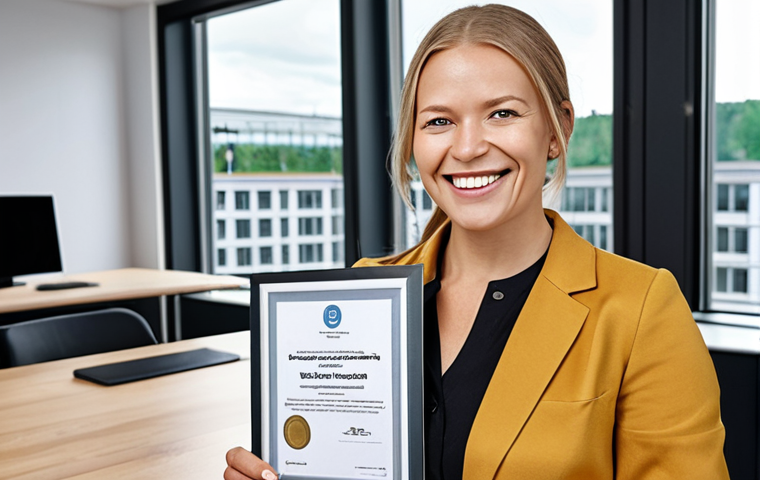 **

Prompt: *Professional woman smiling confidently, holding a PMP certificate, modern office background with team working collaboratively, Sweden.*

**