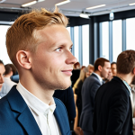 **

A young adult confidently attending a networking event filled with diverse professionals. Focus on positive body language and engagement. The background should subtly hint at a modern conference setting in Sweden. Include elements suggesting technology and innovation.

**