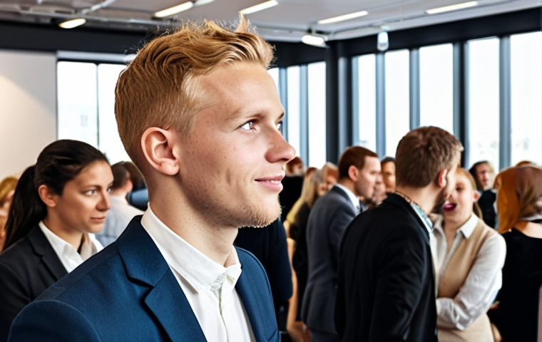 **

A young adult confidently attending a networking event filled with diverse professionals. Focus on positive body language and engagement. The background should subtly hint at a modern conference setting in Sweden. Include elements suggesting technology and innovation.

**